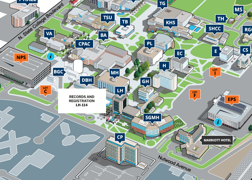 Map indicating location of Office of Registrar at Langsdorf Hall